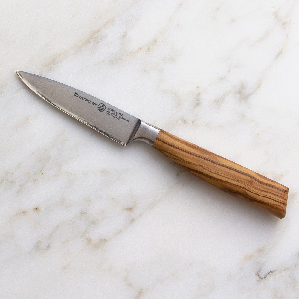 Messermeister Oliva Elite 3.5-inch Paring Knife on Marble Counter