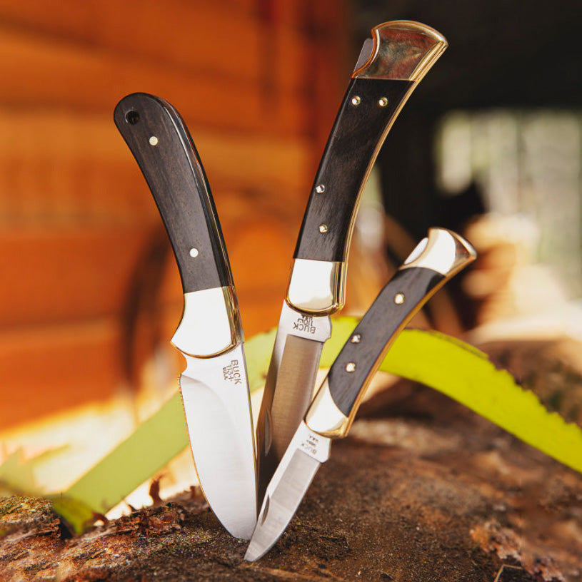 Three knives with wooden handles on a wooden surface