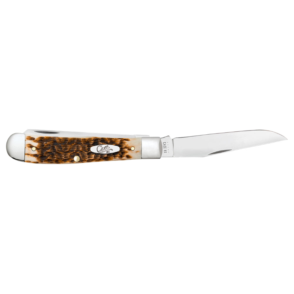 Case Carbon Steel Trapper Amber Bone Pocket Knife with Clip Blade Open