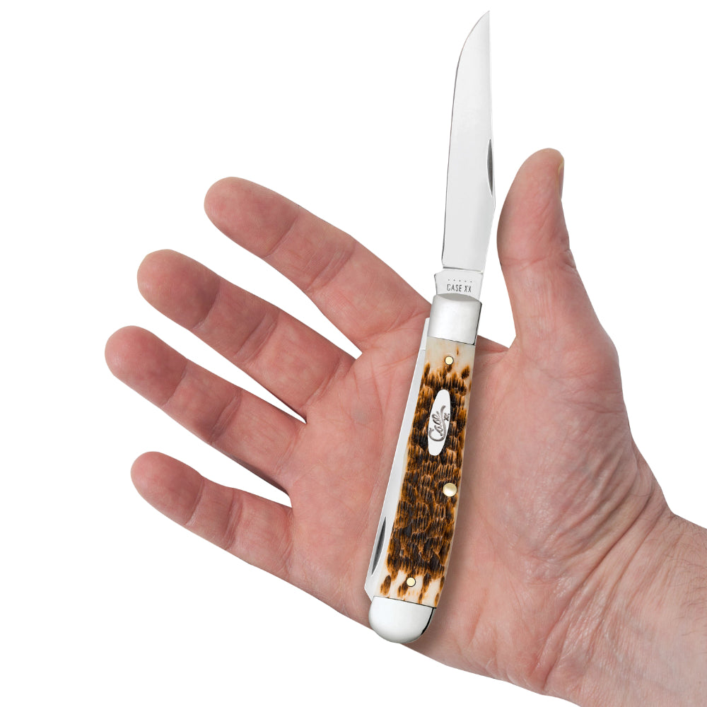 Case Carbon Steel Trapper Amber Bone Pocket Knife in Hand