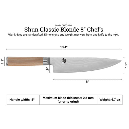 Shun Classic Blonde 8" Chef's Knife Dimensions