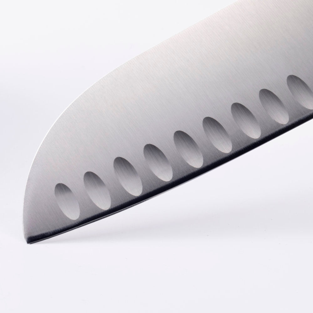 Messermeister Oliva Elite 7-inch Kullens Santoku Knife Blade Tip Detail