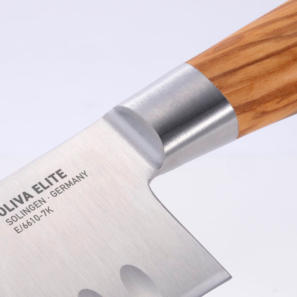 Messermeister Oliva Elite 7-inch Kullens Santoku Knife Bolster Detail