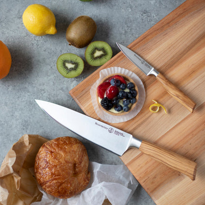 Messermeister Oliva Elite 8-inch Chef's Knife on Board with Parer and Fruit