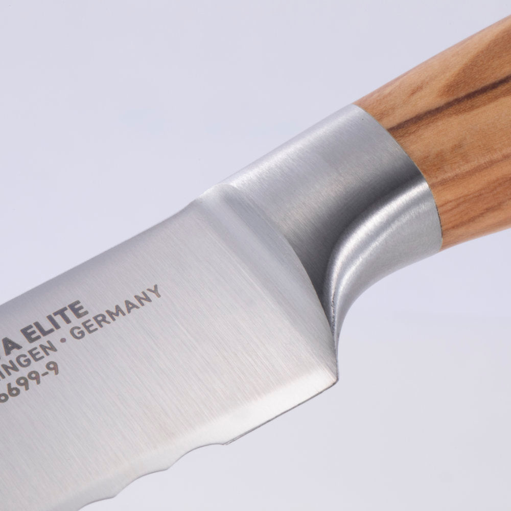 Messermeister Oliva Elite 9-inch Scalloped Bread Knife Bolster Detail
