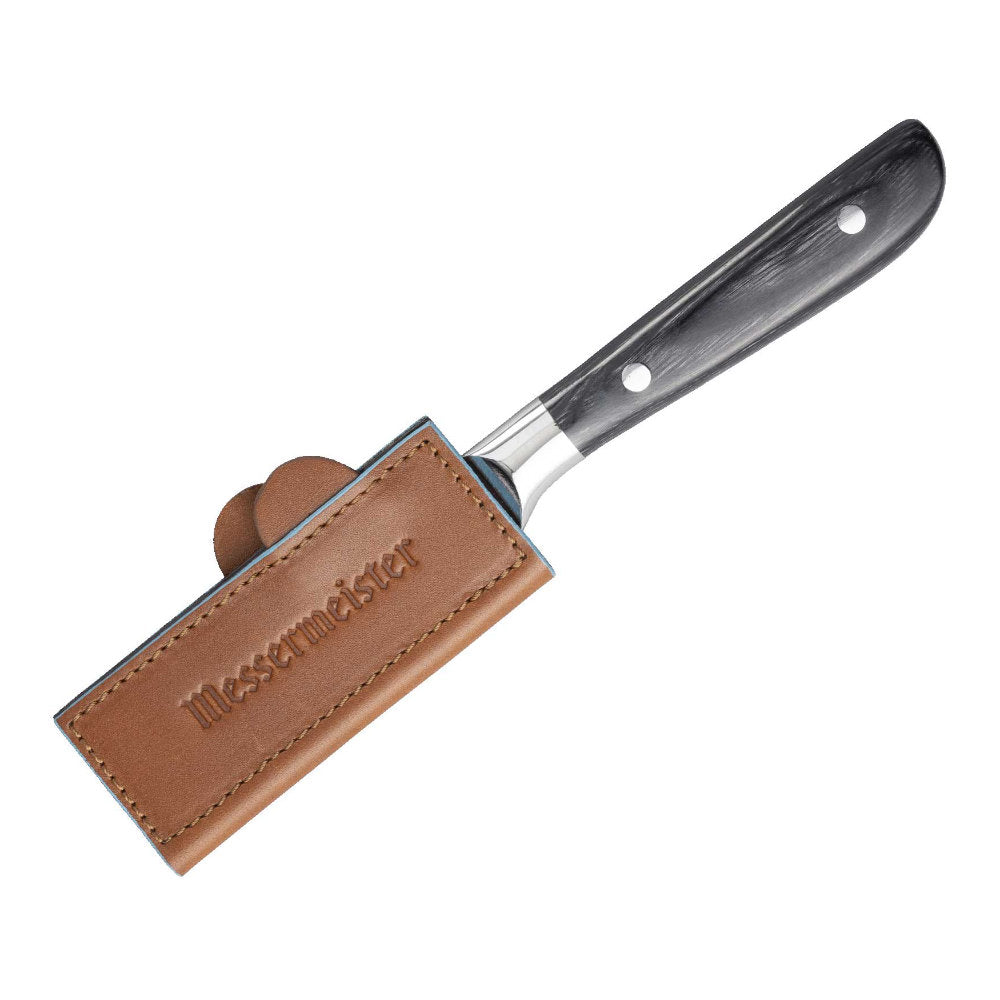 Messermeister 4" Leather Magnetic Edge Guard in Use with Paring Knife