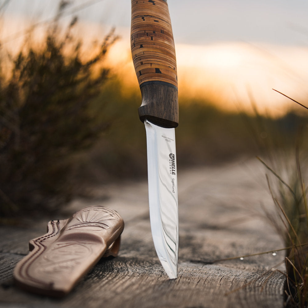 Helle Sigmund Dark Birch Outdoor Knife with Leather Sheath Blade and Sheath Detail