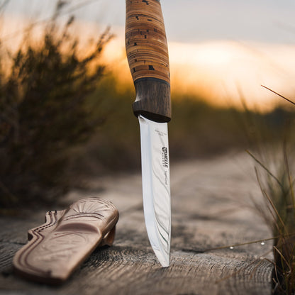 Helle Sigmund Dark Birch Outdoor Knife with Leather Sheath Blade and Sheath Detail