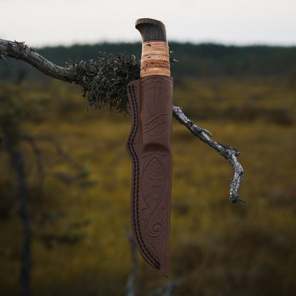 Helle Sigmund Dark Birch Outdoor Knife with Leather Sheath in Sheath Outdoors