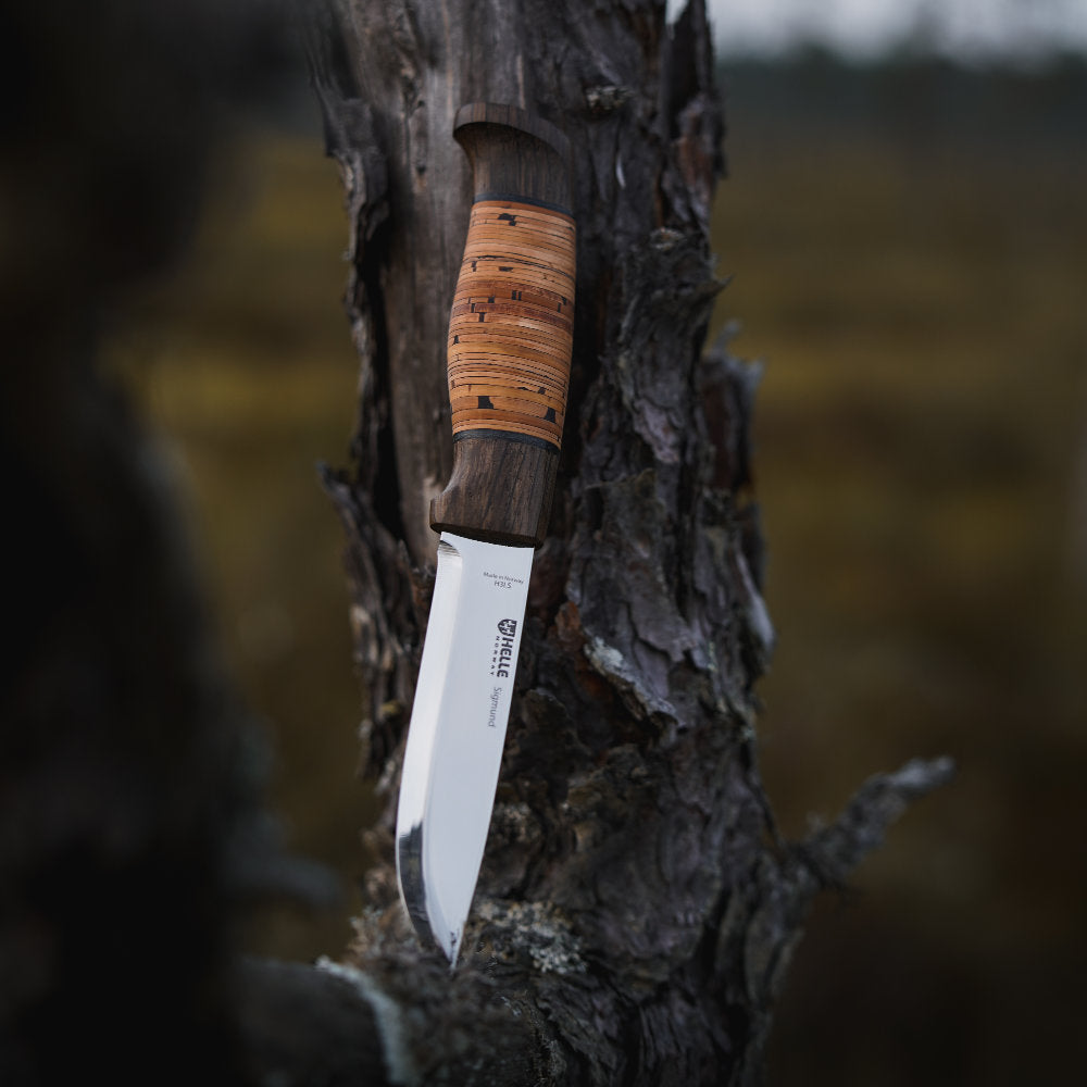 Helle Sigmund Dark Birch Outdoor Knife with Leather Sheath in Tree