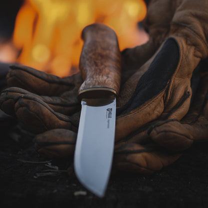Helle Jegermester Outdoor Knife with Leather Sheath by the Campfire