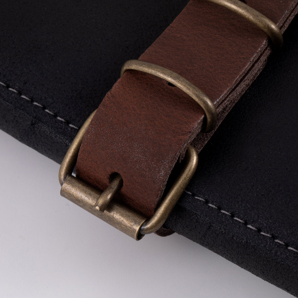 Messermeister Vintage Leather 7-Slot Knife Roll Buckle Detail