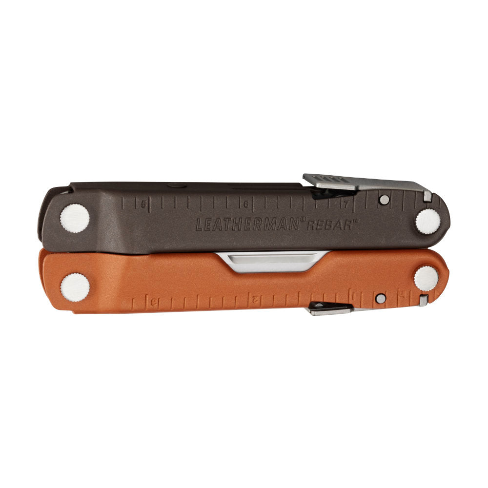 Leatherman Rebar Burnt Sienna Multi-Tool with Nylon Sheath Folded Closed with Inches Ruler