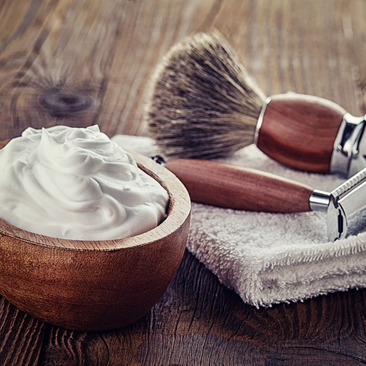 Shaving Gear on wooden background