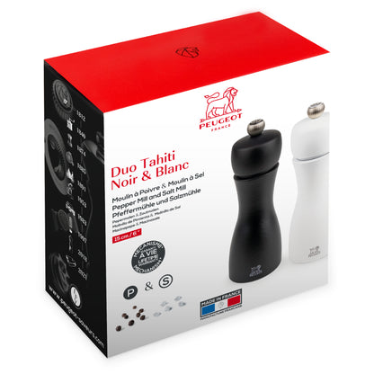 Tahiti Duo Black and White Salt and Pepper Mills in Box