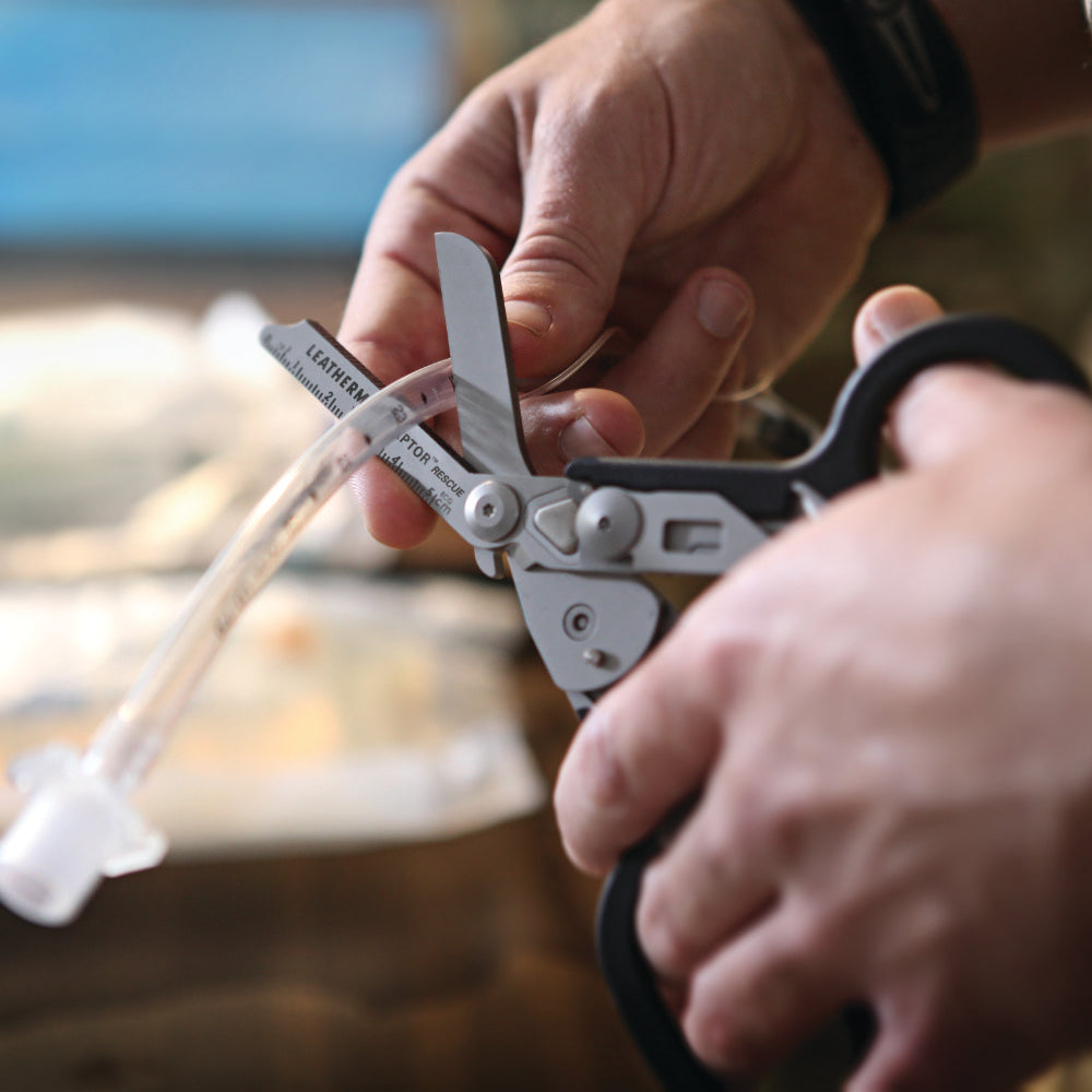 Leatherman Raptor Rescue Black Emergency Shears Cut Medical Tubing in the Field